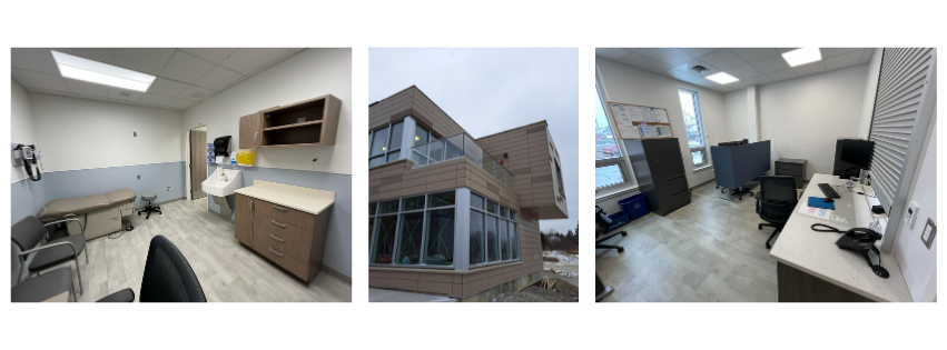 Une image avec trois photos de l'expansion du Centre de santé de Clare y compris une salle d'examen, l'extérieur et une salle administrative.