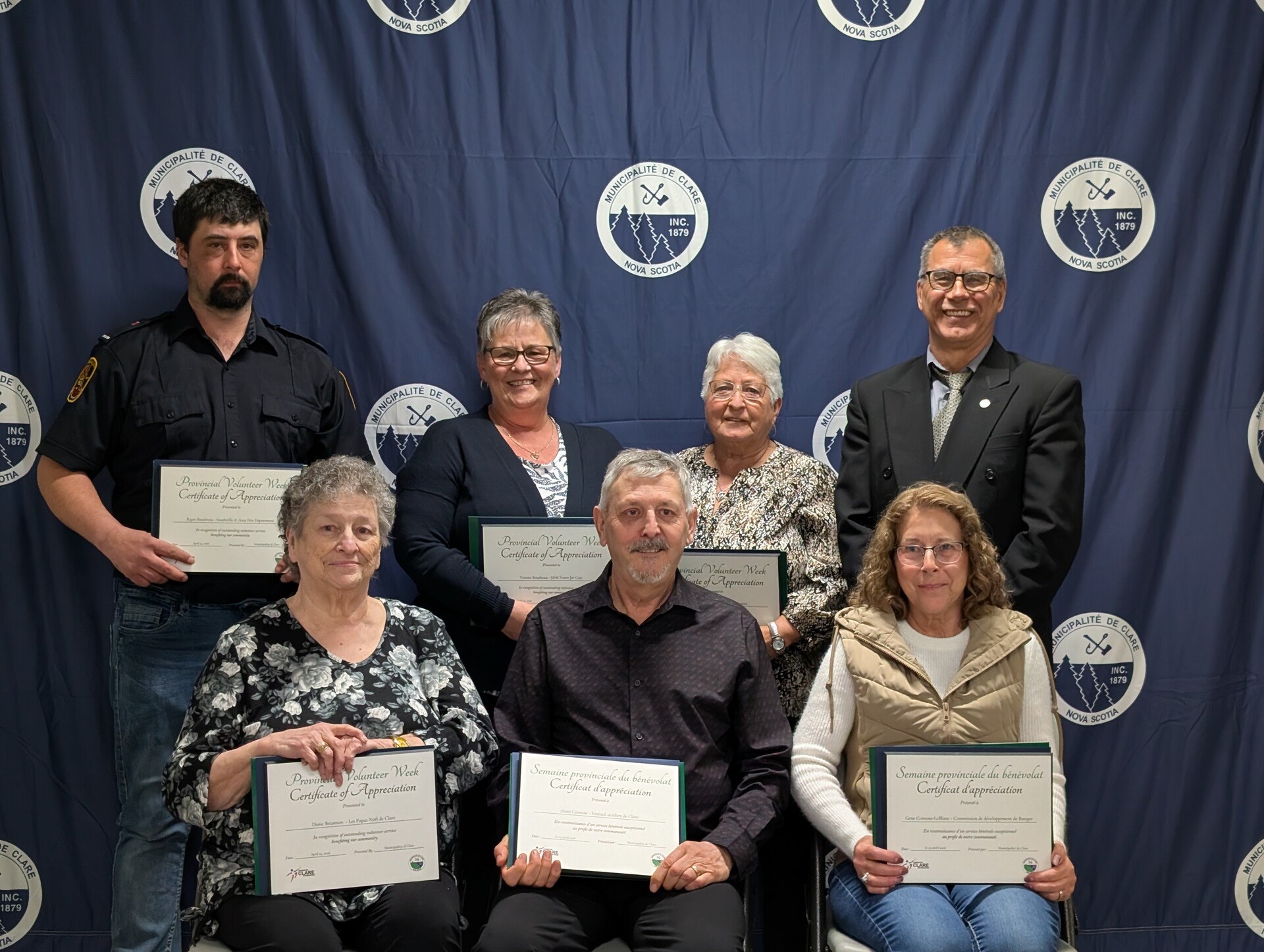 From left to right: Back row: Ryan Boudreau, Yvonne Boudreau, Linda Comeau, Councillor Carl Deveau. Front row: Diane Bezanson, Alain Comeau & Gene Comeau-LeBlanc.