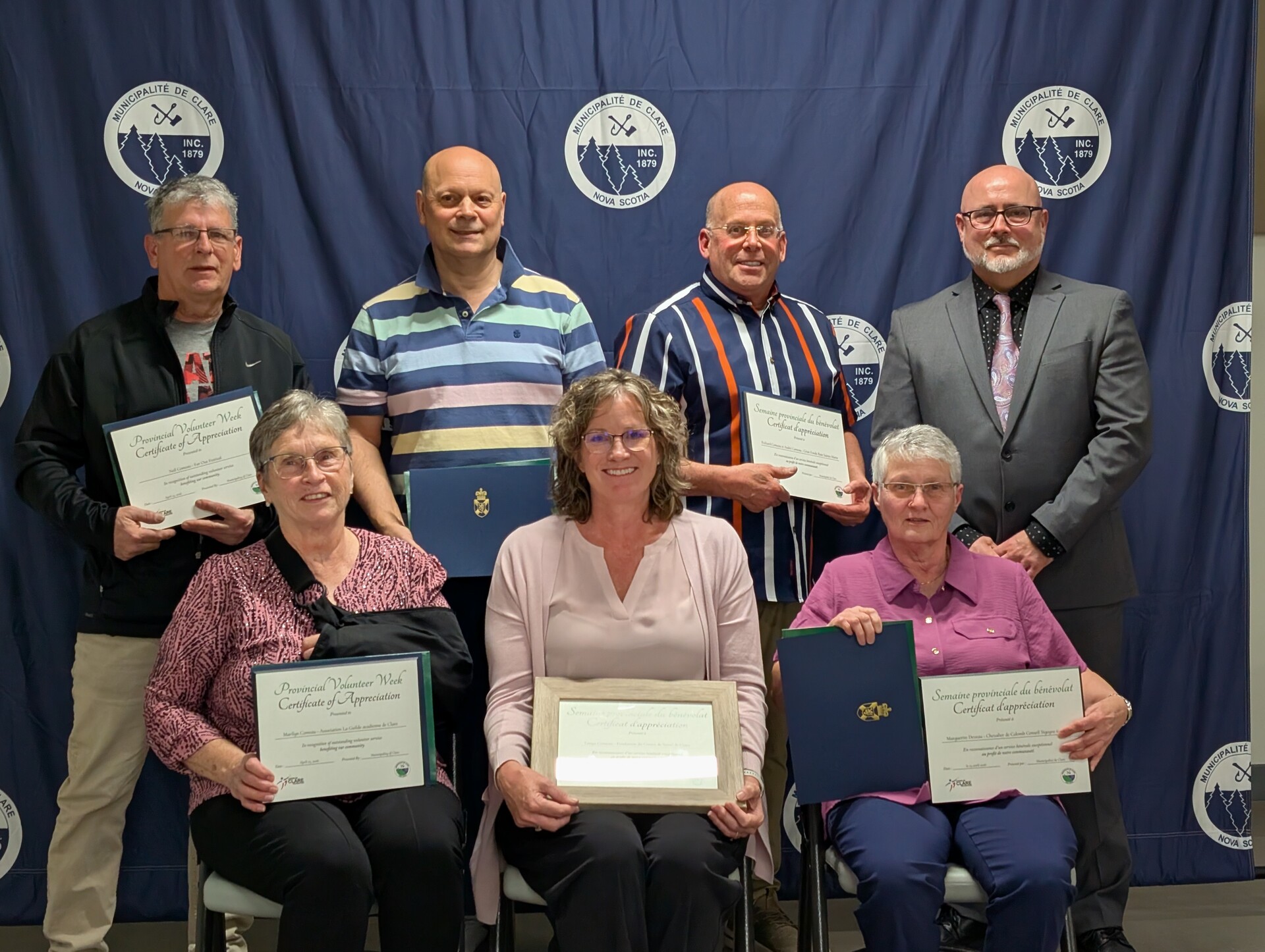 From left to right: Back row: Neil Comeau, André Comeau, Richard Comeau, Councillor Steven Comeau. Front row: Marilyn Comeau, Tanya Comeau & Marguerite Deveau.