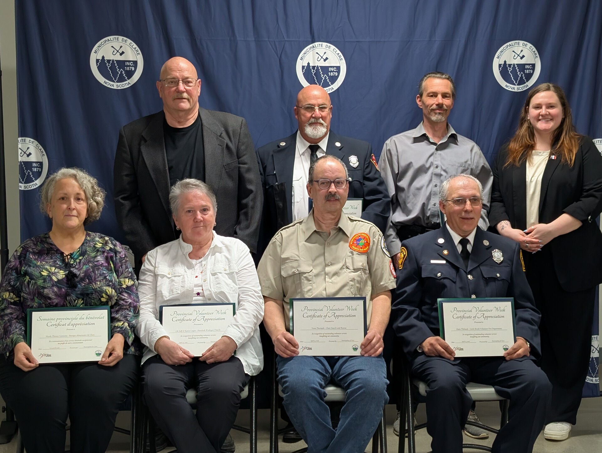 From left to right: Back row: GK Self, Tommy Theriault, Tony Van den Broek, Councillor Réanne Cooper. Front row: Nicole Thimot Gennette, Karen Cayen, Yvon Theriault, Alain Thibault.